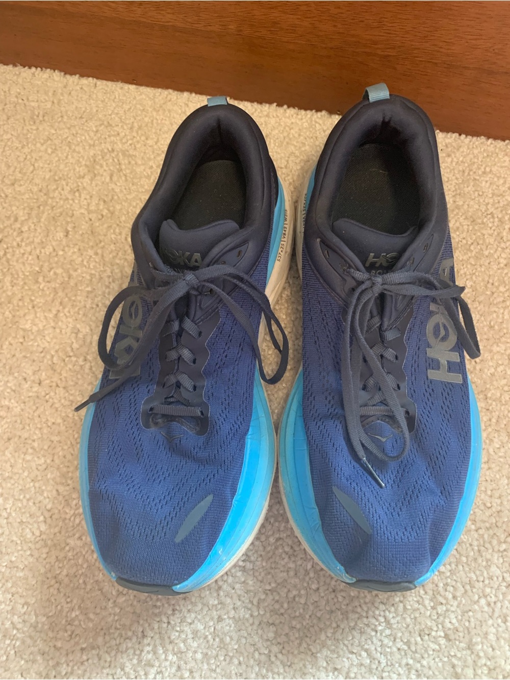 Hoka Men's Bondi 8 size 11.5 W Navy and Light Blue Performance Running Shoes